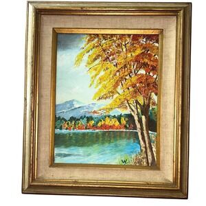 Vintage Mountain Autumn Landscape Oil Painting Art Signed Framed Wall Art